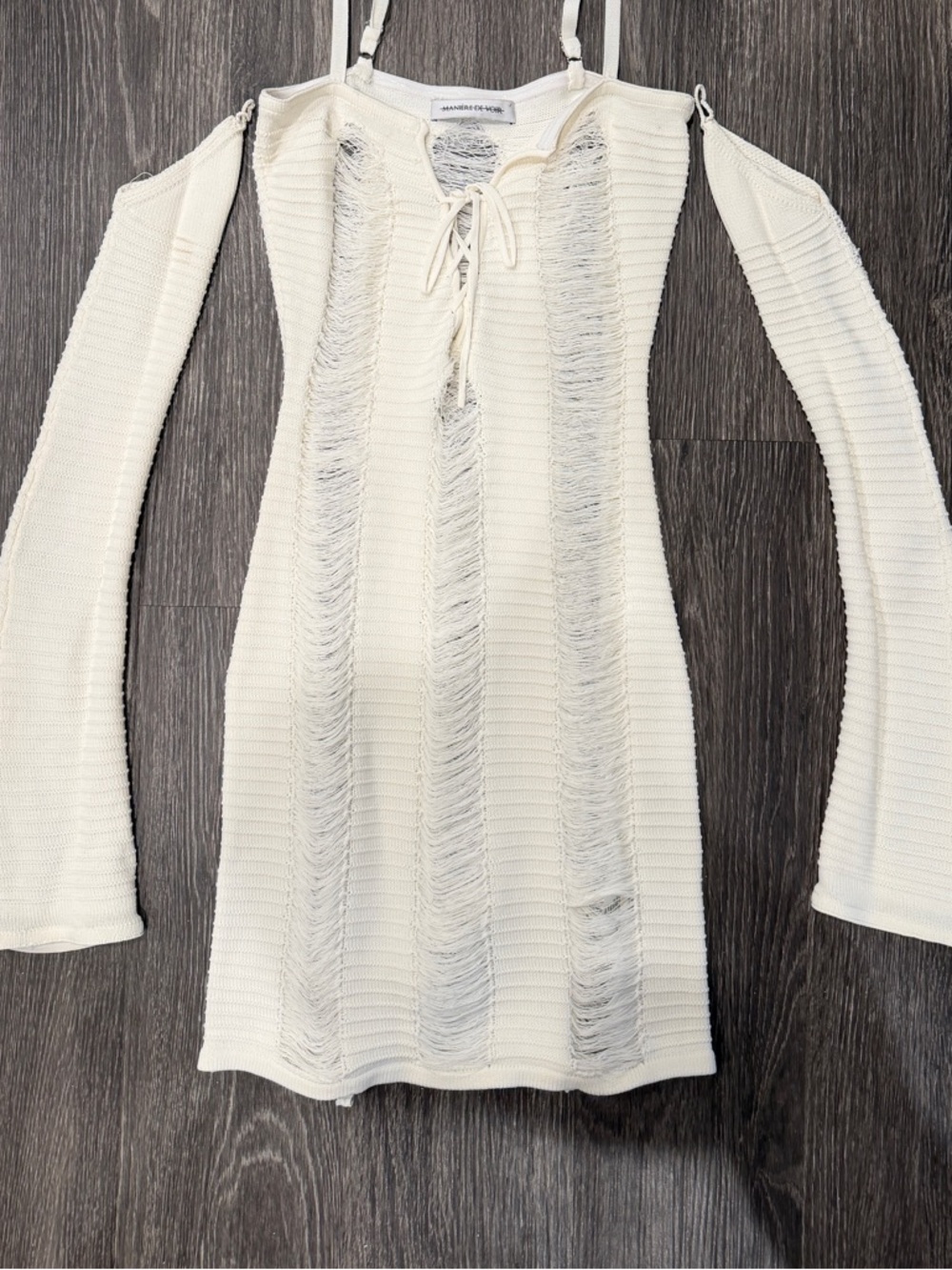 Maniere De Voir White Long Sleeve Bodycon Dress shirt with Distress Detailing